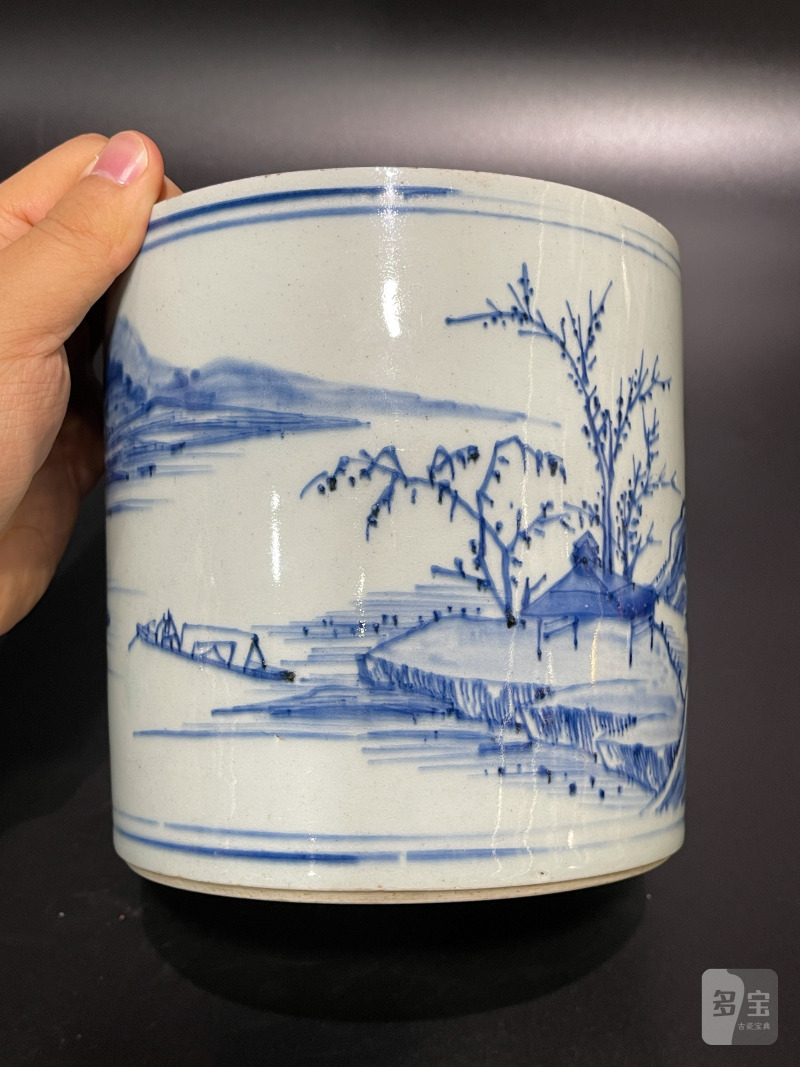 清康熙 青花山水松阁图笔筒 - 图10